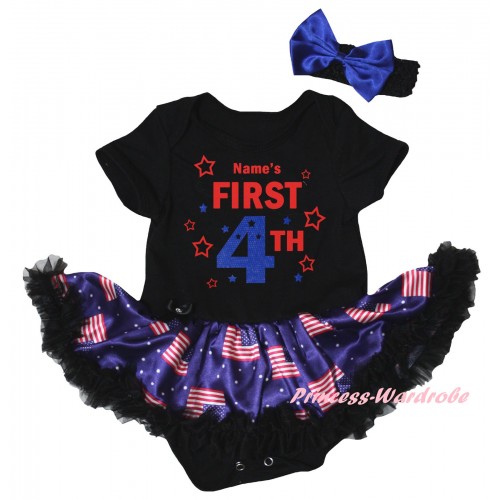 American's Birthday Black Baby Bodysuit Jumpsuit Black Patriotic American Pettiskirt & Name's First 4th Painting JS6617