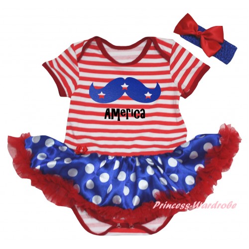 American's Birthday Red White Striped Baby Bodysuit Jumpsuit Royal Blue White Dots Pettiskirt & Blue White Star Bow America Painting JS6648