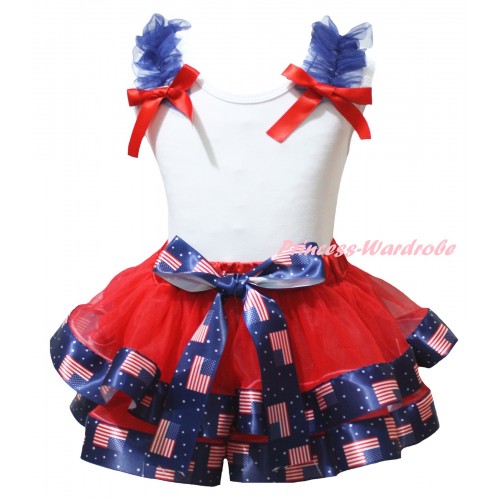 American's Birthday White Tank Top Royal Blue Ruffles Red Bows & Red Patriotic American Trimmed Pettiskirt MG2960
