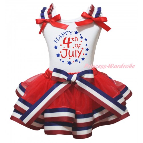 American's Birthday White Tank Top Red White Blue Striped Ruffles Red Bows & Happy 4th Of July Painting & Red White Blue Striped Trimmed Pettiskirt MG2969