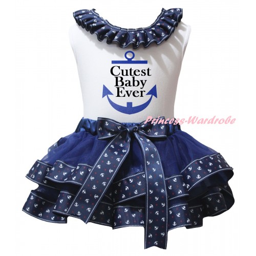 American's Birthday White Pettitop Dark Blue Anchor Lacing & Dark Blue Anchor Trimmed Pettiskirt & Cutest Baby Ever Anchor Painting MG2988