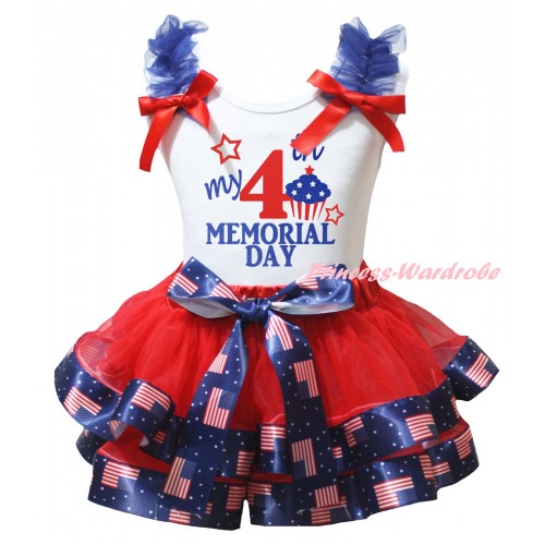 American's Birthday White Tank Top Royal Blue Ruffles Red Bows & Red Patriotic American Trimmed Pettiskirt & My 4th Memorial Day Painting MG3010
