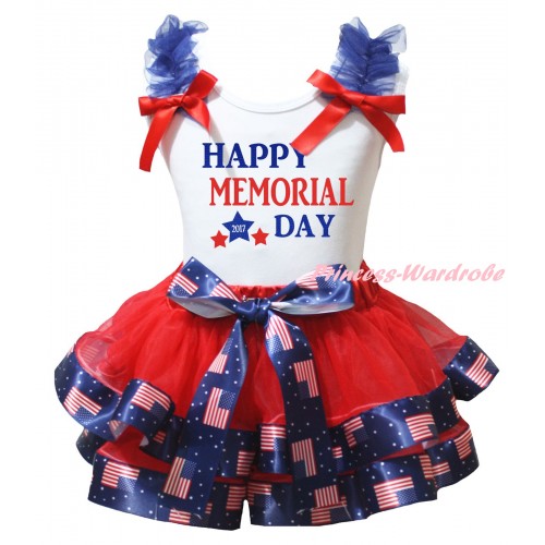 American's Birthday White Tank Top Royal Blue Ruffles Red Bows & Red Patriotic American Trimmed Pettiskirt & Happy Memorial Day 2017 Painting MG3013