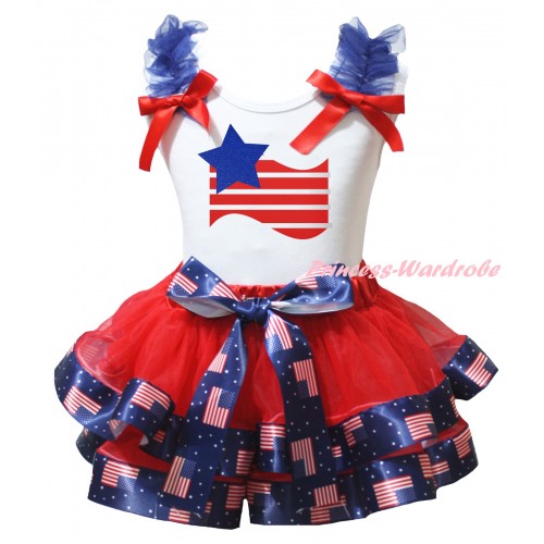 American's Birthday White Tank Top Royal Blue Ruffles Red Bows & Red Patriotic American Trimmed Pettiskirt & Patriotic America Flag Painting MG3014