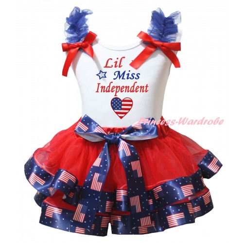 American's Birthday White Tank Top Royal Blue Ruffles Red Bows & Red Patriotic American Trimmed Pettiskirt & Lil Miss Independent Patriotic American Heart Flag Painting MG3015