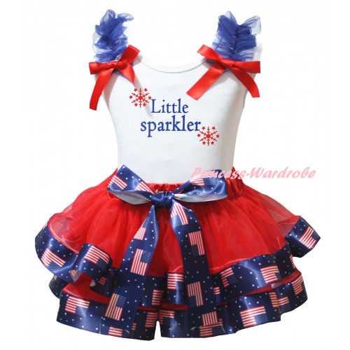 American's Birthday White Tank Top Royal Blue Ruffles Red Bows & Red Patriotic American Trimmed Pettiskirt & Little Sparkler Painting MG3016