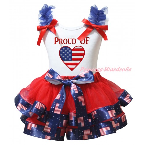 American's Birthday White Tank Top Royal Blue Ruffles Red Bows & Red Patriotic American Trimmed Pettiskirt & PROUD OF American Heart Painting MG3020