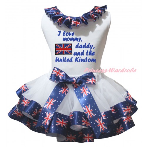 American's Birthday White Pettitop Patriotic British Lacing & White Patriotic British Trimmed Pettiskirt & Patriotic British Flag I Love Mommy, Daddy, And The United Kindom Painting MG3023