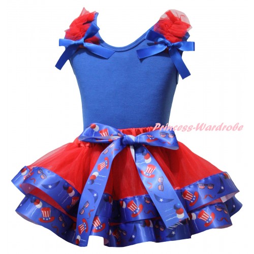 American's Birthday Blue Tank Top Red Ruffles Blue Bows & Red US Hat Trimmed Pettiskirt MG3046