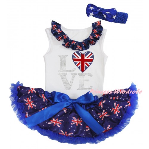 American's Birthday White Baby Pettitop & Patriotic British Lacing & Love British Heart Print & Royal Blue Patriotic British Baby Pettiskirt NG2439