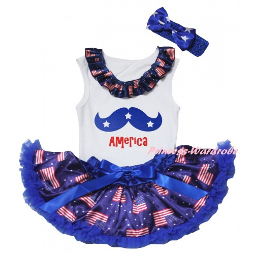 American's Birthday White Baby Pettitop & Patriotic American Lacing & Blue Moustache With Red America Painting & Royal Blue Patriotic American Baby Pettiskirt NG2445