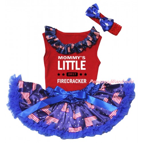 American's Birthday Red Baby Pettitop & Patriotic American Lacing & Mommy's Little 2017 Firecracker Painting & Royal Blue Patriotic American Baby Pettiskirt NG2450