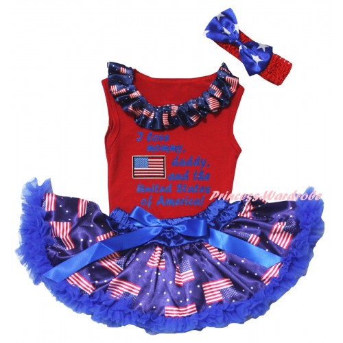 American's Birthday Red Baby Pettitop & Patriotic American Lacing & Patriotic America Flag I Love Mommy, Daddy, And The United States of America! Painting & Royal Blue Patriotic American Baby Pettiskirt NG2451