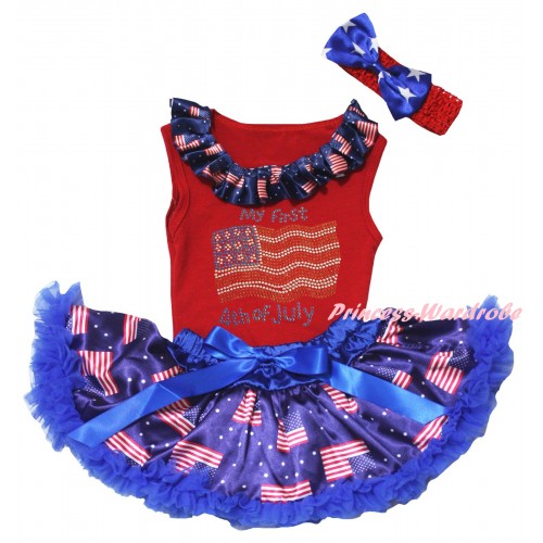 American's Birthday Red Baby Pettitop & Sparkle Crystal Bling Rhinestone My First 4th Of July Print & Royal Blue Patriotic American Baby Pettiskirt NG2453
