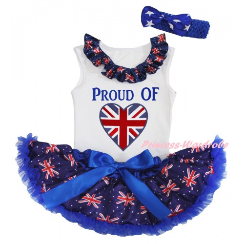 American's Birthday White Baby Pettitop & Patriotic British Lacing & PROUD OF British Heart Painting & Royal Blue Patriotic British Baby Pettiskirt NG2455