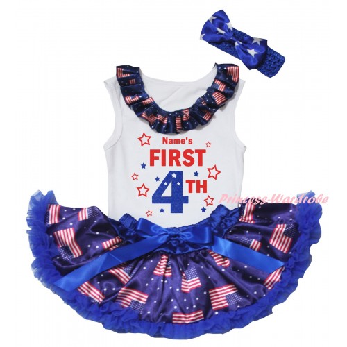 American's Birthday White Baby Pettitop & Patriotic American Lacing & Name's First 4th Painting & Royal Blue Patriotic American Baby Pettiskirt NG2463