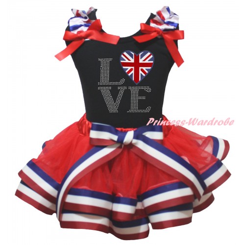 American's Birthday Black Baby Top Red White Blue Striped Ruffles Red Bows & Sparkle Rhinestone Love British Heart Flag Print & Red White Blue Striped Trimmed Newborn NG2473