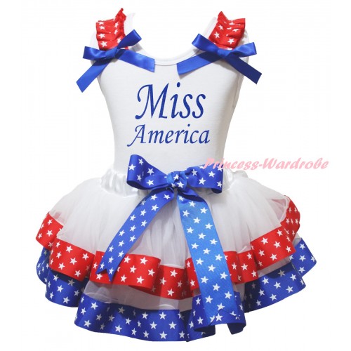 American's Birthday White Baby Top Red White Star Ruffles Royal Blue Bow & Blue Miss America Painting & Royal Blue Red White Star Trimmed Newborn NG2474