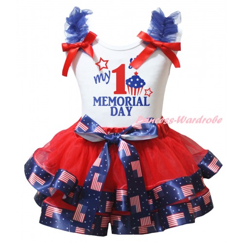 American's Birthday White Baby Top Royal Blue Ruffles Red Bows & Red Patriotic American Trimmed Newborn & My 1st Memorial Day Painting NG2496