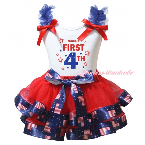 American's Birthday White Baby Top Royal Blue Ruffles Red Bows & Red Patriotic American Trimmed Newborn & Name's First 4th Painting NG2501