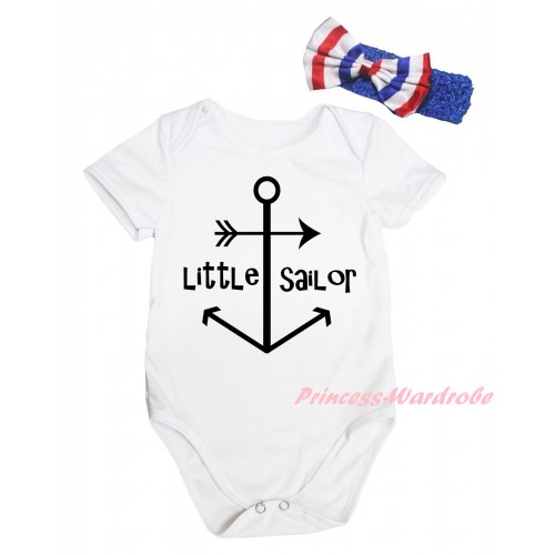 White Baby Jumpsuit & Black Little Sailor Painting & Blue Headband Bow TH939
