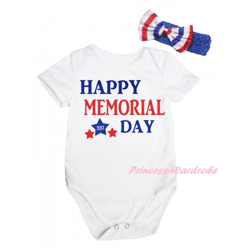 American's Birthday White Baby Jumpsuit & Happy Memorial Day Painting & Blue Headband Bow TH942