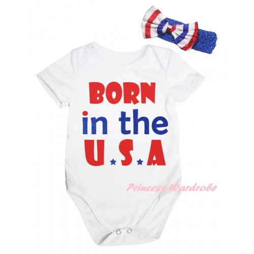 American's Birthday White Baby Jumpsuit & Born In The U.S.A Painting & Blue Headband Bow TH944