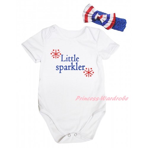 American's Birthday White Baby Jumpsuit & Little Sparkler Painting & Blue Headband Bow TH945