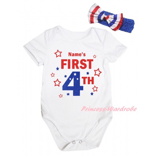 American's Birthday White Baby Jumpsuit & Name's First 4th Painting & Blue Headband Bow TH947