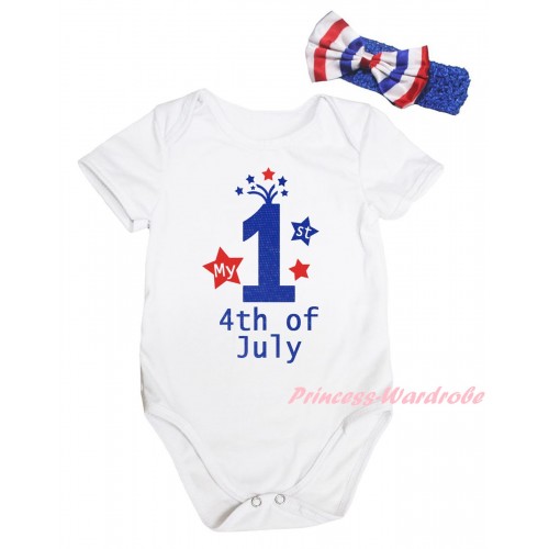 American's Birthday White Baby Jumpsuit & My 1st 4th Of July Painting & Blue Headband Bow TH948
