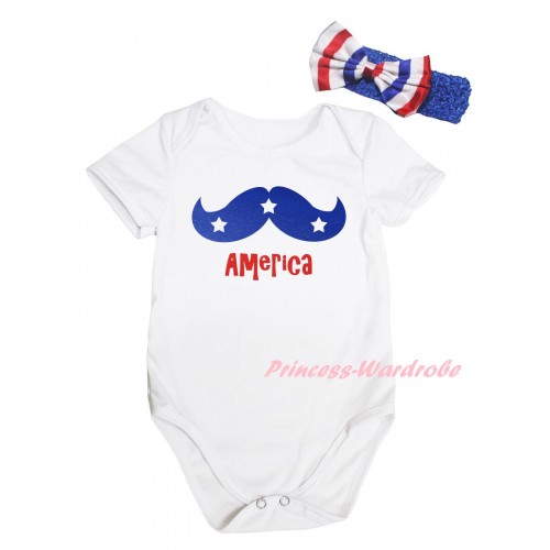 American's Birthday White Baby Jumpsuit & & Blue Moustache With Red America Painting & Blue Headband Bow TH949