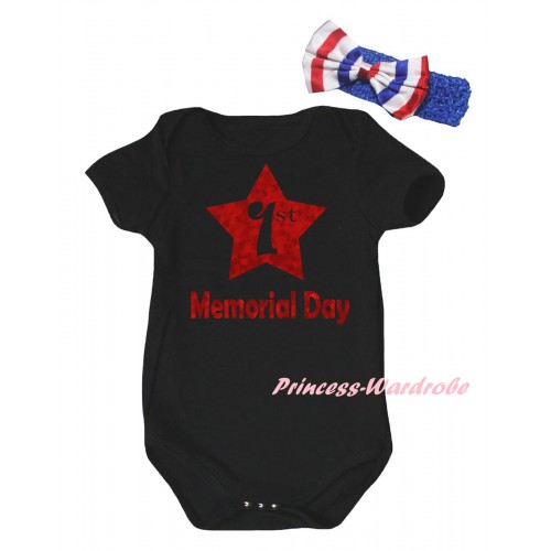 American's Birthday Black Baby Jumpsuit & Sparkle Red 1st Memorial Day Painting & Blue Headband Bow TH950