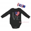 American's Birthday Black Baby Jumpsuit & Sparkle Rhinestone Love America Flag Print & Blue Headband Bow TH952