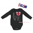 American's Birthday Black Baby Jumpsuit & Sparkle Rhinestone Love British Flag Print & Blue Headband Bow TH953