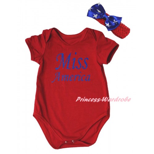 American's Birthday Red Baby Jumpsuit & Blue Miss America Painting & Red Headband Bow TH956