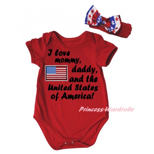 American's Birthday Red Baby Jumpsuit & Patriotic America Flag I Love Mommy, Daddy, And The United States of America! Painting & Red Headband Bow TH958