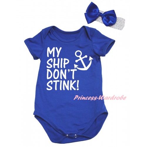 Royal Blue Baby Jumpsuit & White My Ship Don't Stink Anchor Painting & White Headband Bow TH960