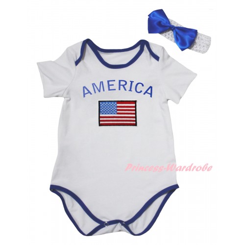 American's Birthday White Royal Blue Piping Baby Jumpsuit & Patriotic America Flag Print & Headband TH965