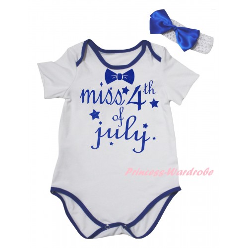 American's Birthday White Royal Blue Piping Baby Jumpsuit & Miss 4th Of July Painting & Headband TH969