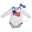 American's Birthday White Royal Blue Piping Baby Jumpsuit & Patriotic America Flag Painting & Headband TH971