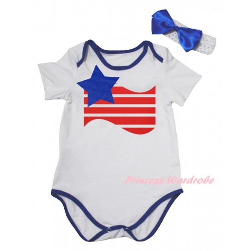 American's Birthday White Royal Blue Piping Baby Jumpsuit & Patriotic America Flag Painting & Headband TH971