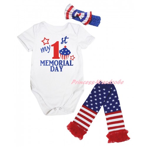 American's Birthday White Baby Jumpsuit & My 1st Memorial Day Painting & Blue Headband Bow & Warmers Leggings Set TH974