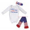 White Baby Jumpsuit & Daddy's Little Firecracker Painting & Blue Headband Bow & Warmers Leggings Set TH976