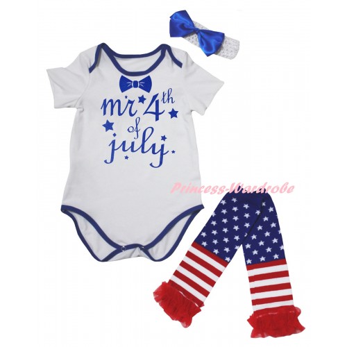 American's Birthday White Royal Blue Piping Baby Jumpsuit & Mr 4th Of July Painting & Headband & Warmers Leggings Set TH982
