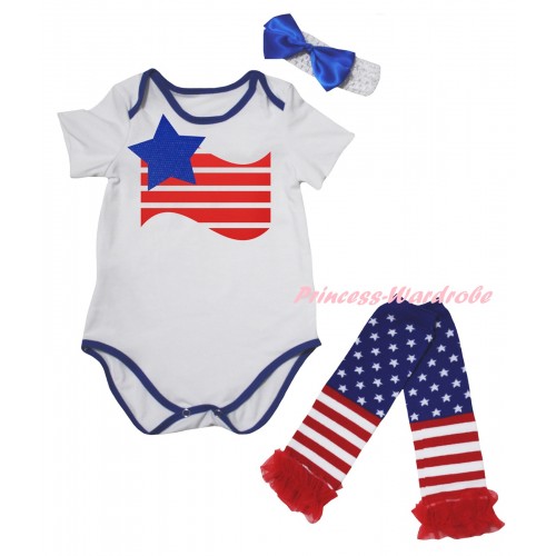 American's Birthday White Royal Blue Piping Baby Jumpsuit & Patriotic America Flag Painting & Headband & Warmers Leggings Set TH984