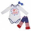 American's Birthday White Royal Blue Piping Baby Jumpsuit & Happy 4th Of July Painting & Headband & Warmers Leggings Set TH985