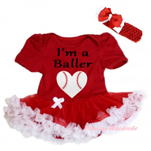 Red Baby Bodysuit Red White Pettiskirt & I'm A Baller Baseball Heart Print JS6655