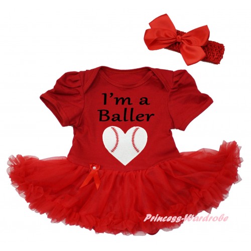Red Baby Bodysuit Red Pettiskirt & I'm A Baller Baseball Heart Print JS6657