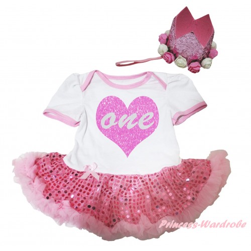 White Baby Bodysuit Bling Light Pink Sequins Pettiskirt & One Heart Painting & Glitter Rose Floral Pink Crown Headband JS6664