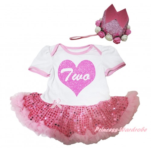 White Baby Bodysuit Bling Light Pink Sequins Pettiskirt & Two Heart Painting & Glitter Rose Floral Pink Crown Headband JS6665